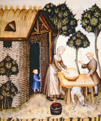 Nova 2644 fol.61r Tilberedning af smør, fra Tacuinum Sanitatis af Italian School